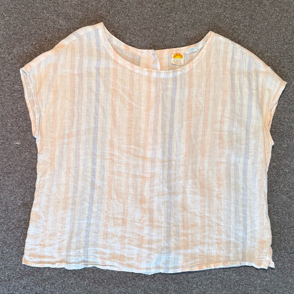 C&C California Peach and Blue Striped Short Sleeve Top